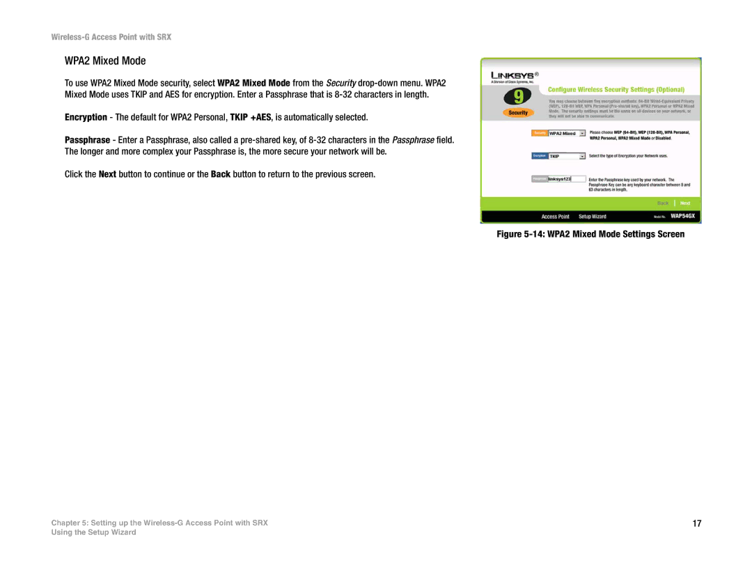 Linksys WAP54GX manual 14 WPA2 Mixed Mode Settings Screen 