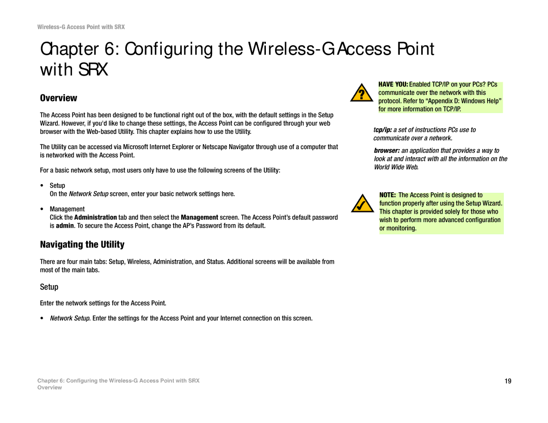 Linksys WAP54GX manual Configuring the Wireless-G Access Point with SRX, Navigating the Utility, Setup 