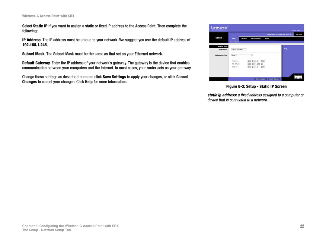 Linksys WAP54GX manual Setup Static IP Screen 