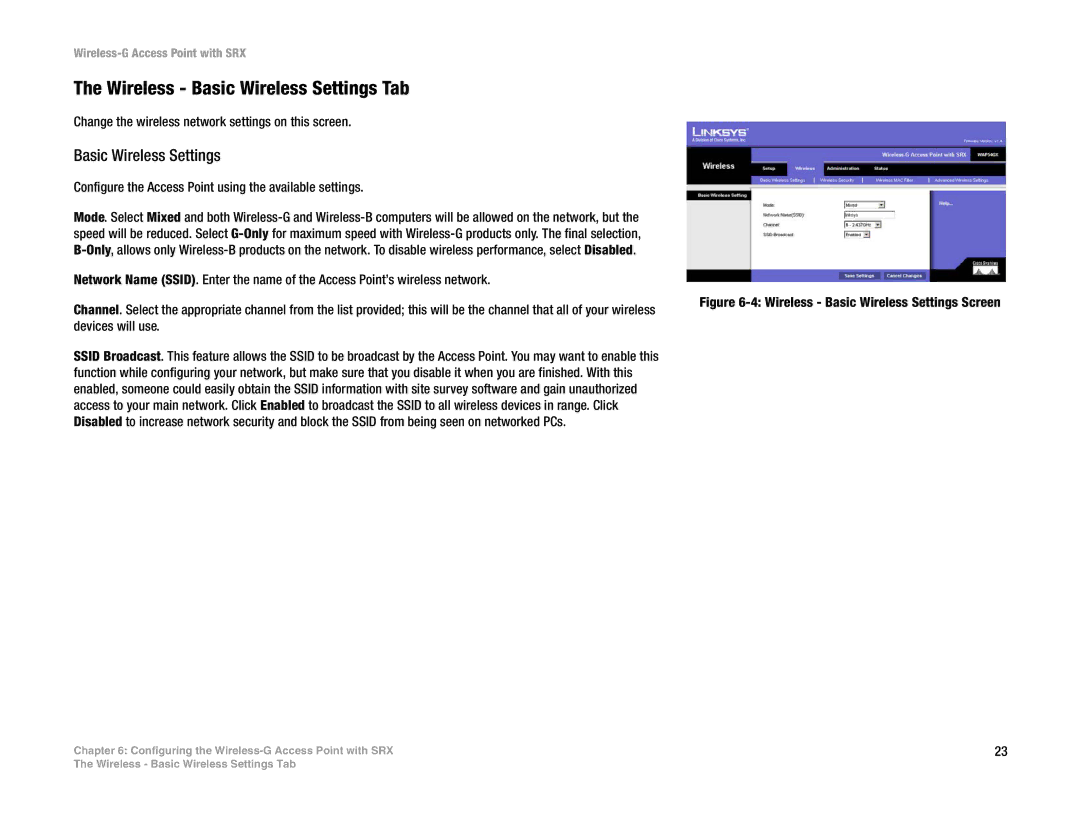 Linksys WAP54GX manual Wireless Basic Wireless Settings Tab 