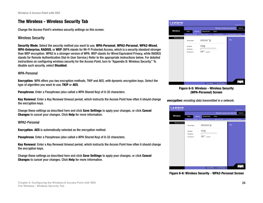 Linksys WAP54GX manual Wireless Wireless Security Tab 