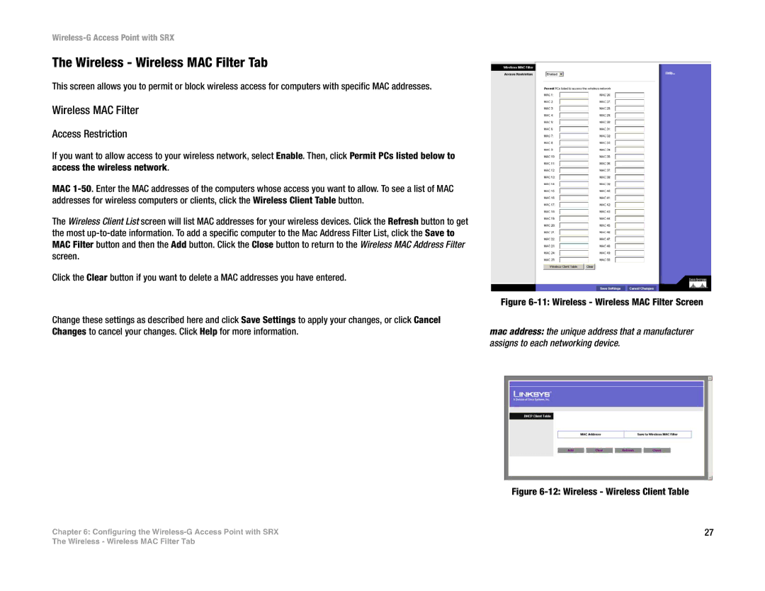 Linksys WAP54GX manual Wireless Wireless MAC Filter Tab 