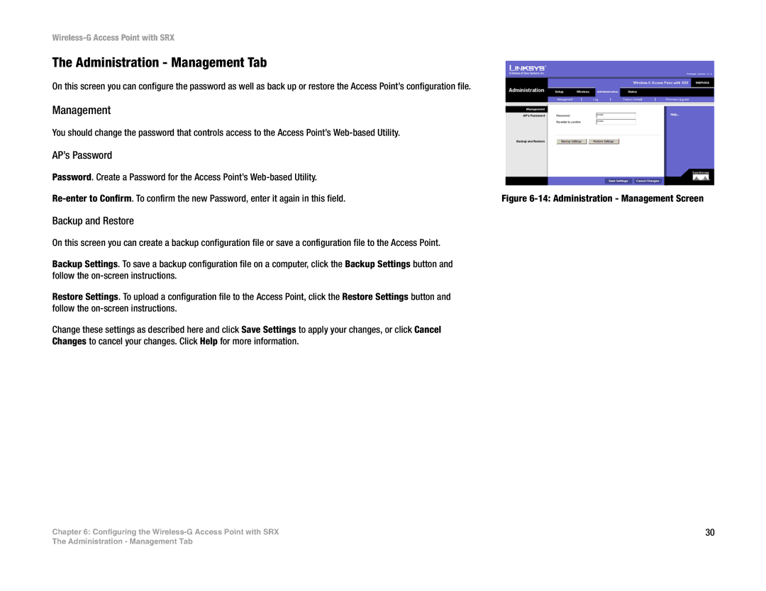 Linksys WAP54GX manual Administration Management Tab 