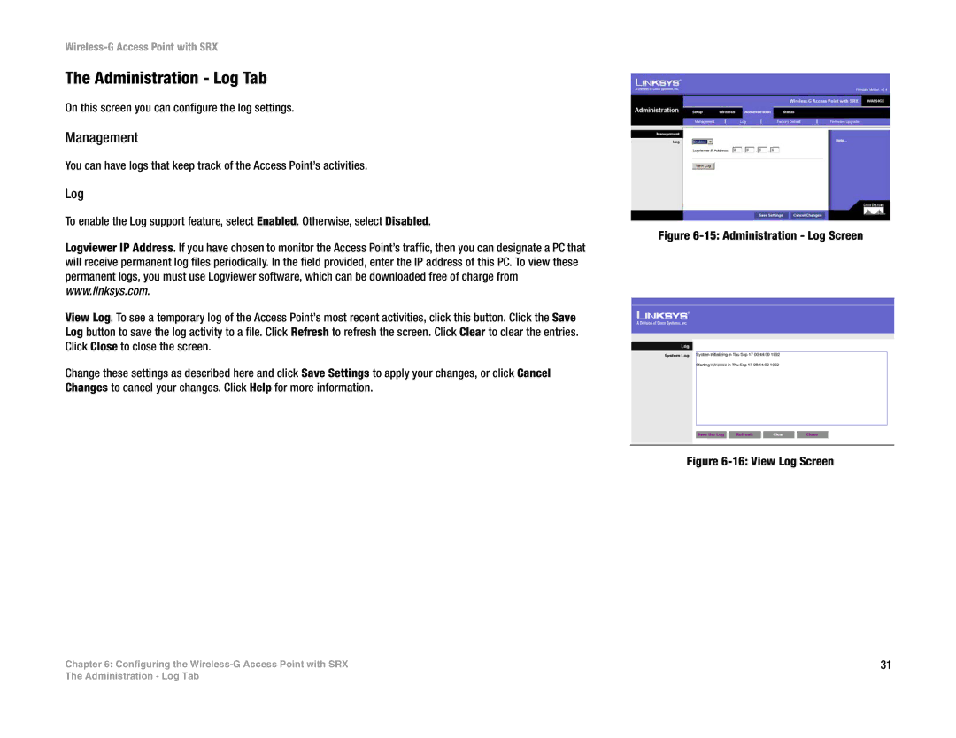 Linksys WAP54GX manual Administration Log Tab 