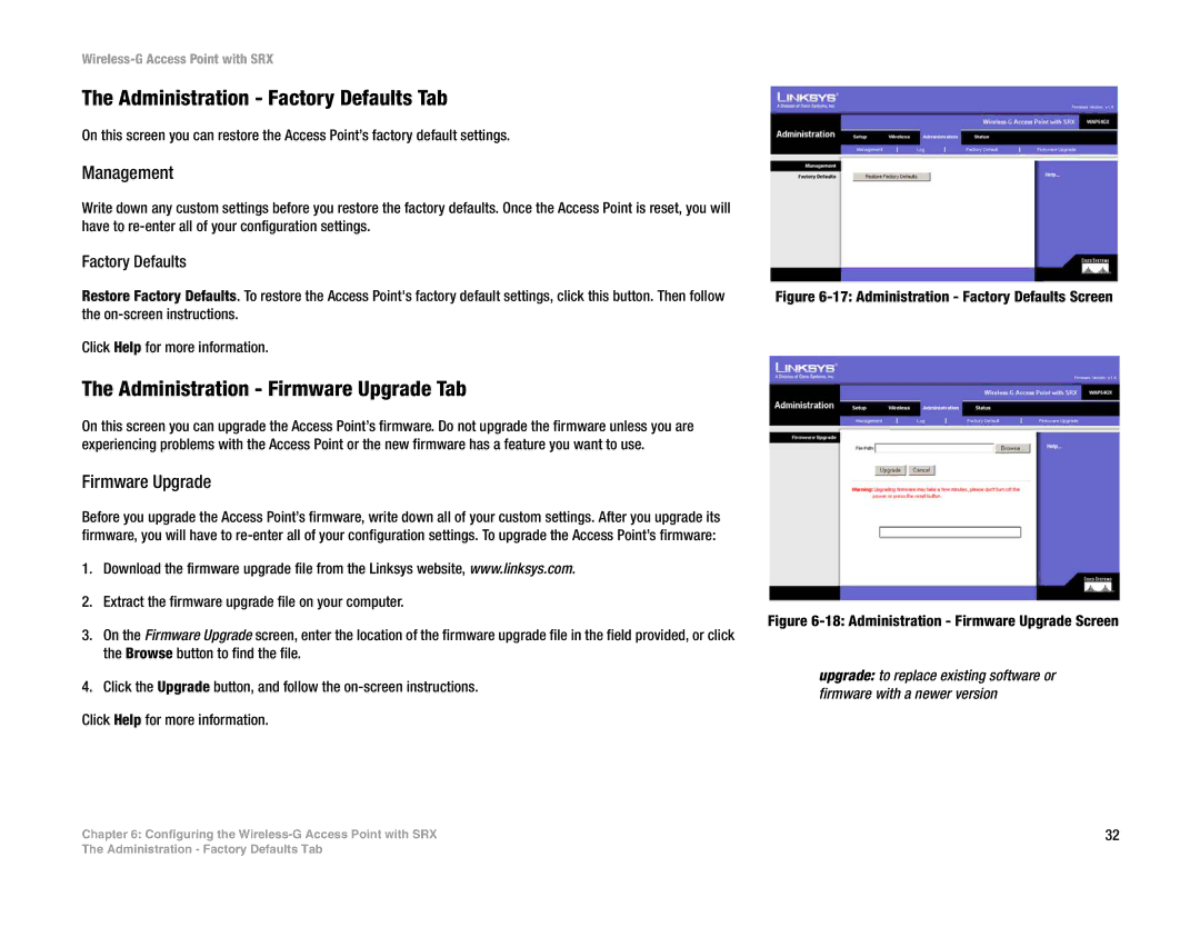 Linksys WAP54GX manual Administration Factory Defaults Tab, Administration Firmware Upgrade Tab 