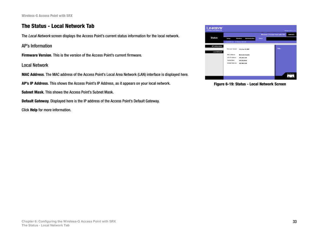 Linksys WAP54GX manual Status Local Network Tab, AP’s Information 