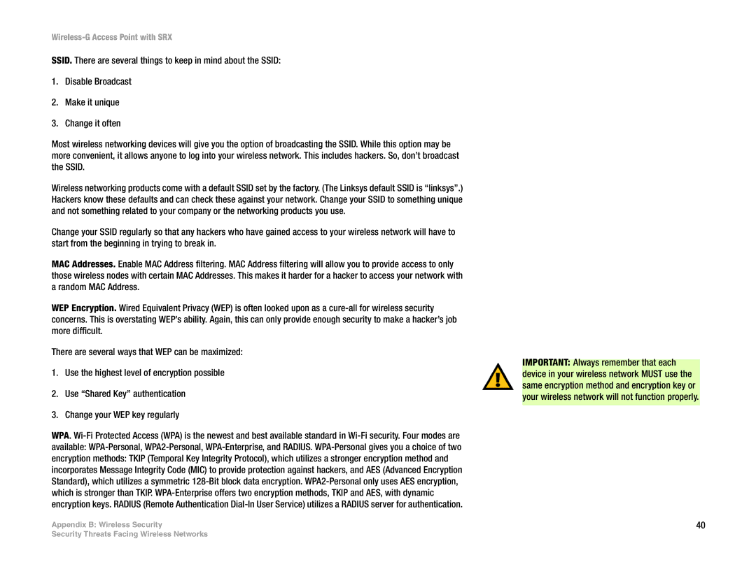 Linksys WAP54GX manual Security Threats Facing Wireless Networks 