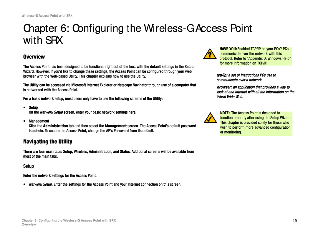 Linksys WAP54GX manual Configuring the Wireless-G Access Point with SRX, Setup 
