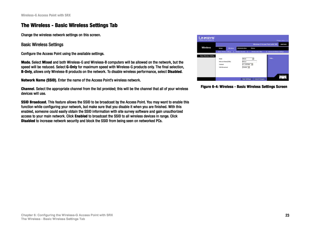 Linksys WAP54GX manual The Wireless - Basic Wireless Settings Tab, Wireless-G Access Point with SRX 