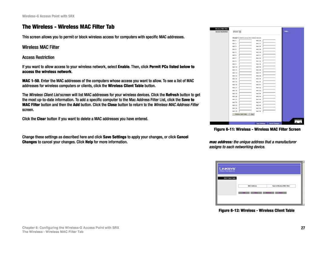 Linksys WAP54GX manual The Wireless - Wireless MAC Filter Tab 