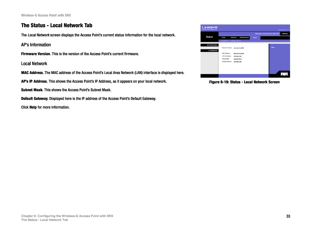 Linksys WAP54GX manual The Status - Local Network Tab, AP’s Information 