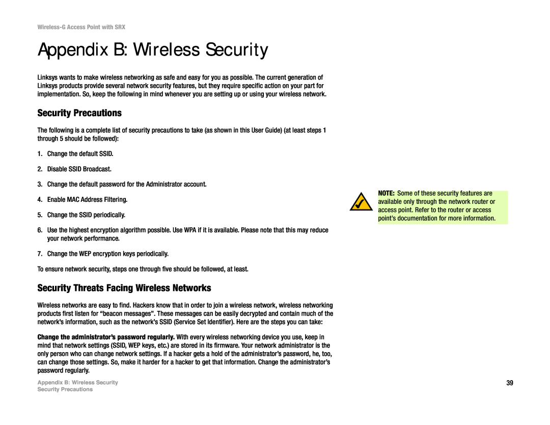 Linksys WAP54GX manual Appendix B Wireless Security, Security Precautions, Security Threats Facing Wireless Networks 