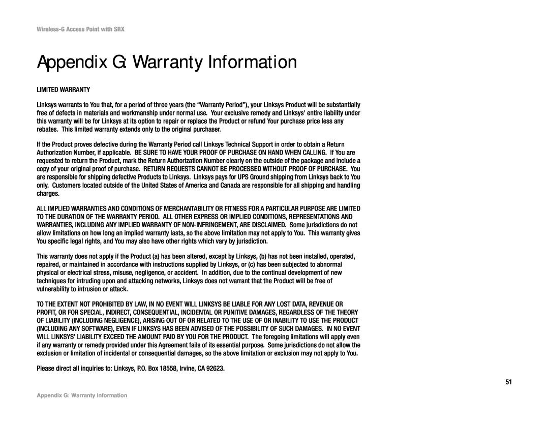Linksys WAP54GX manual Appendix G Warranty Information 