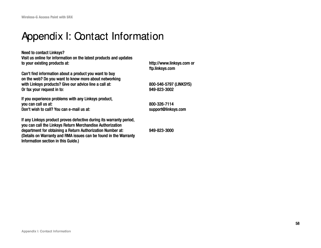 Linksys WAP54GX manual Appendix I Contact Information 