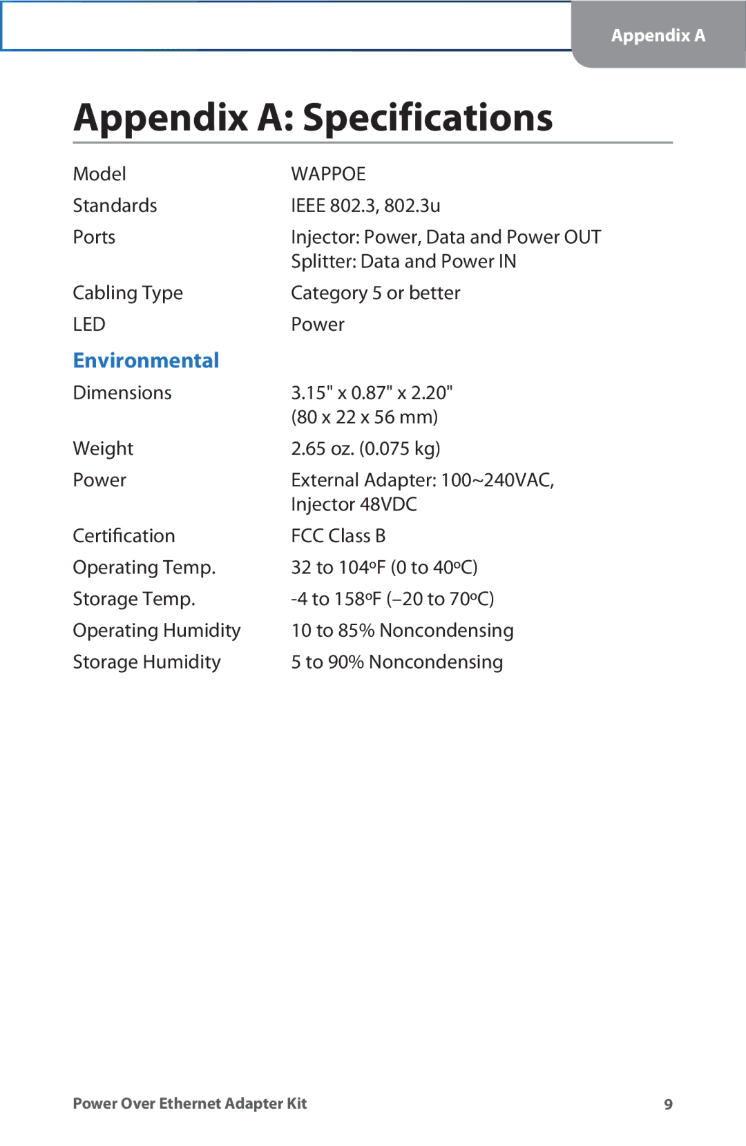 Linksys WAPPOE manual Appendix a Specifications, Wappoe 