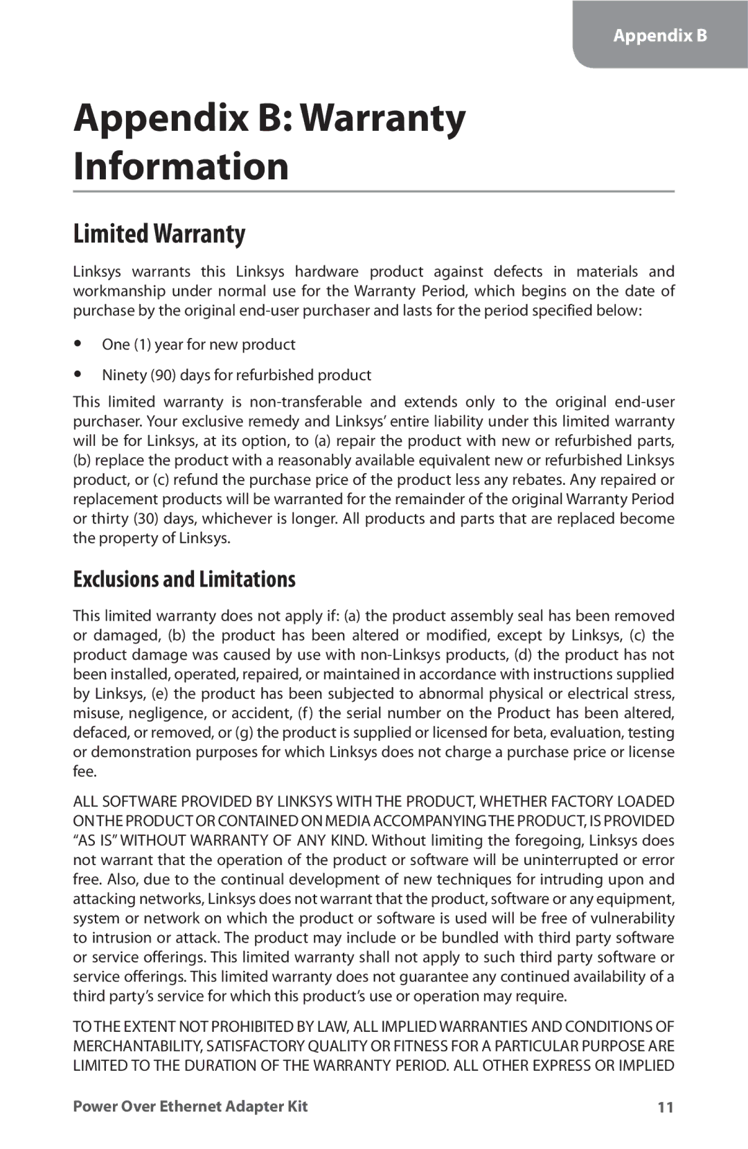 Linksys WAPPOE manual Appendix B Warranty Information, Limited Warranty 