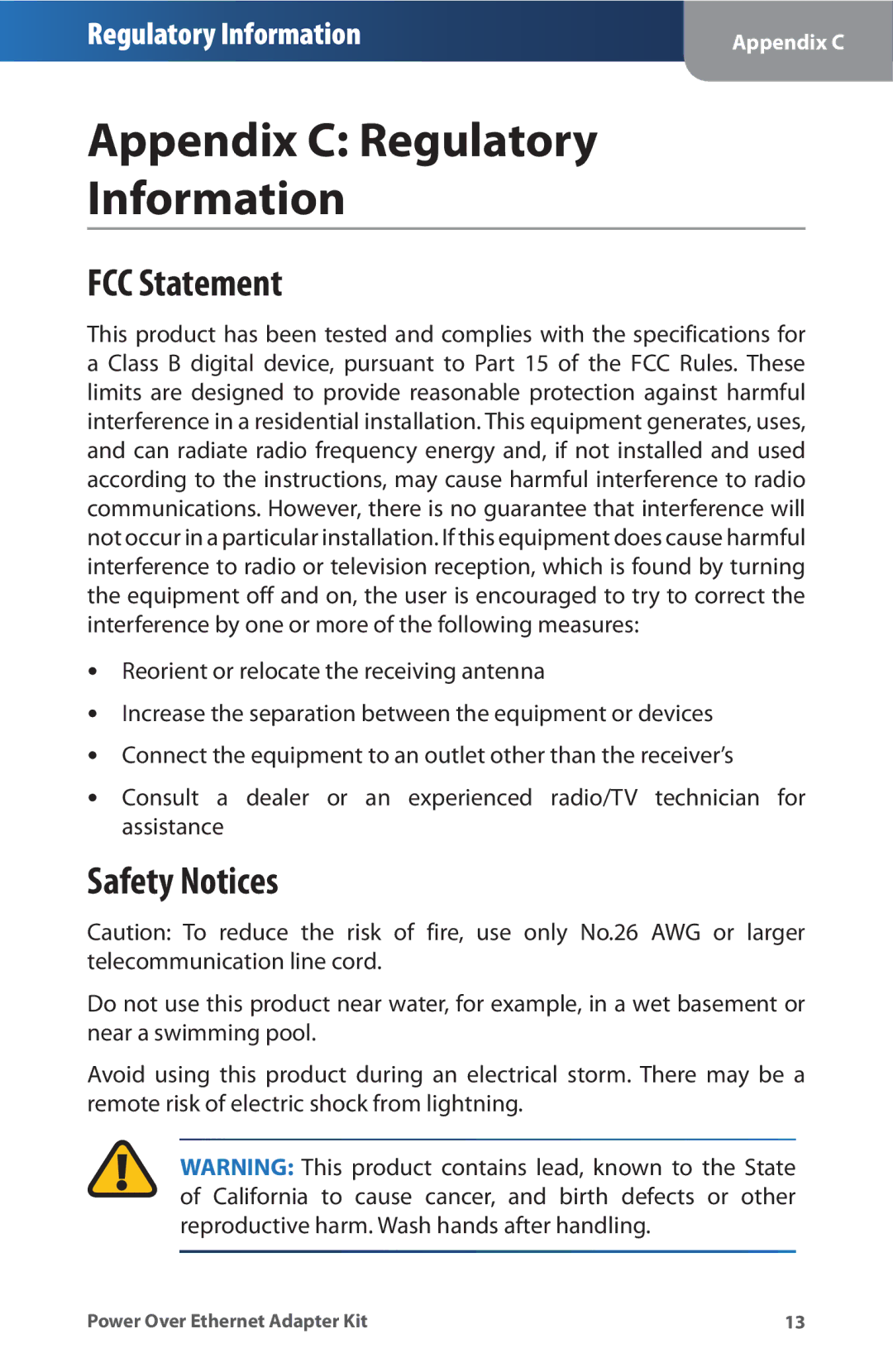 Linksys WAPPOE manual Appendix C Regulatory Information, FCC Statement, Safety Notices 