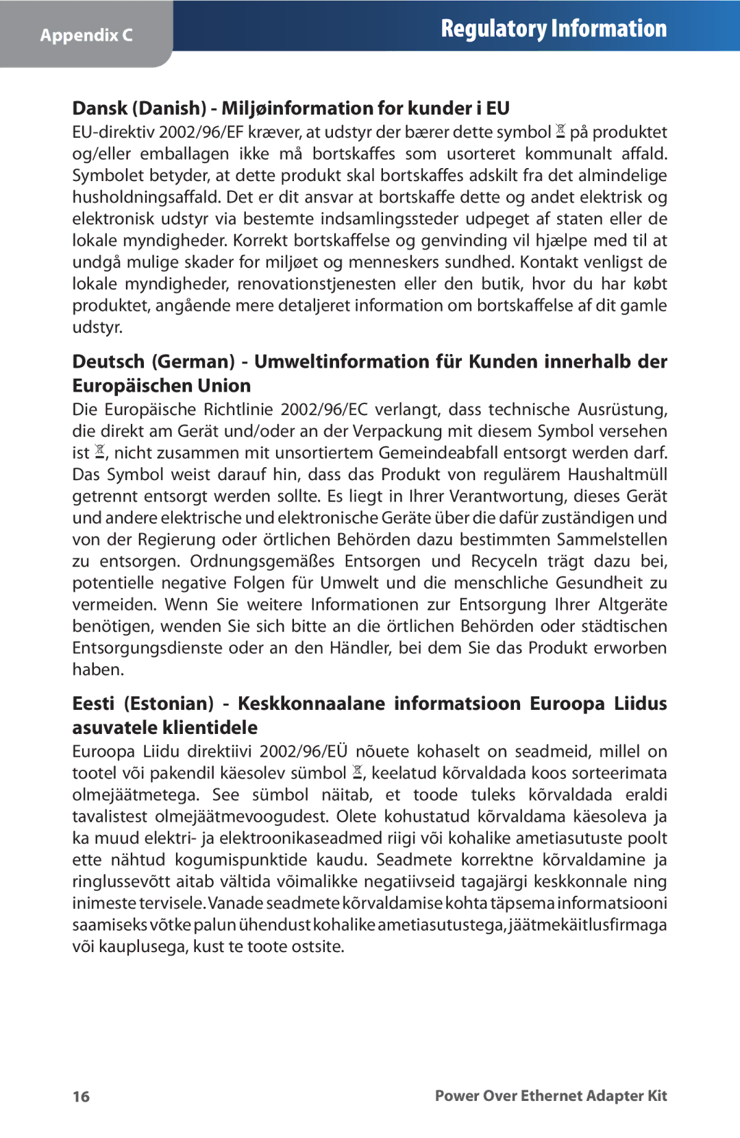 Linksys WAPPOE manual Dansk Danish Miljøinformation for kunder i EU 