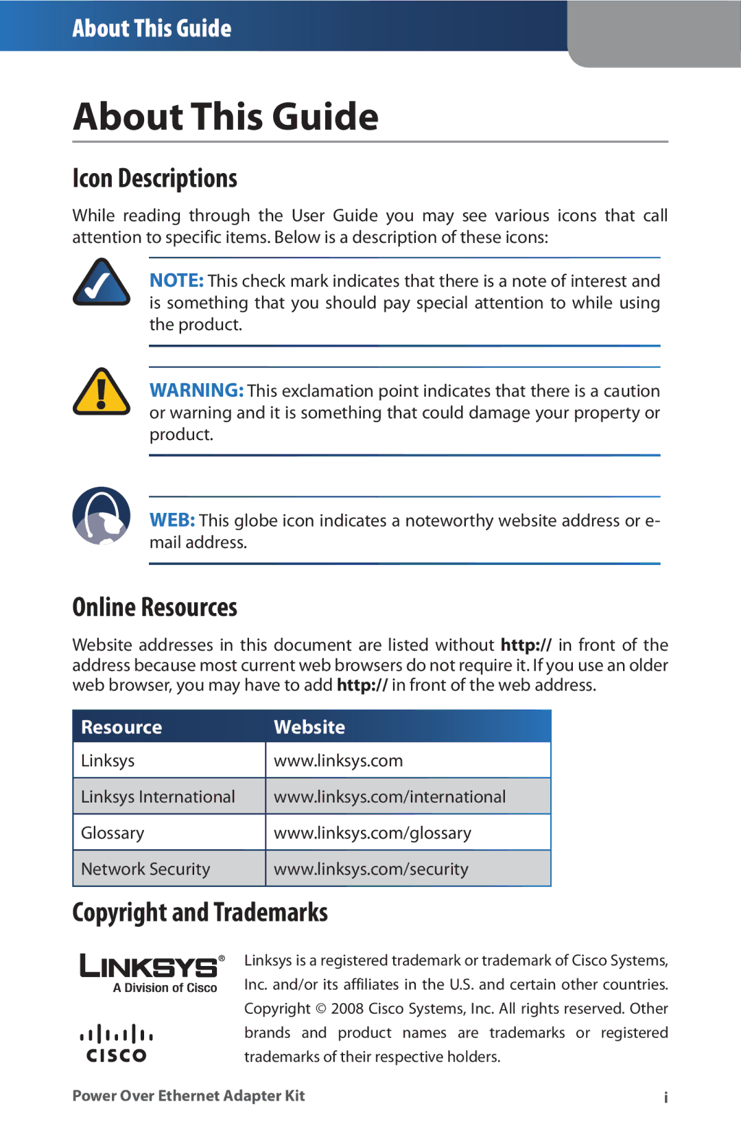 Linksys WAPPOE manual About This Guide, Icon Descriptions, Online Resources, Copyright and Trademarks 