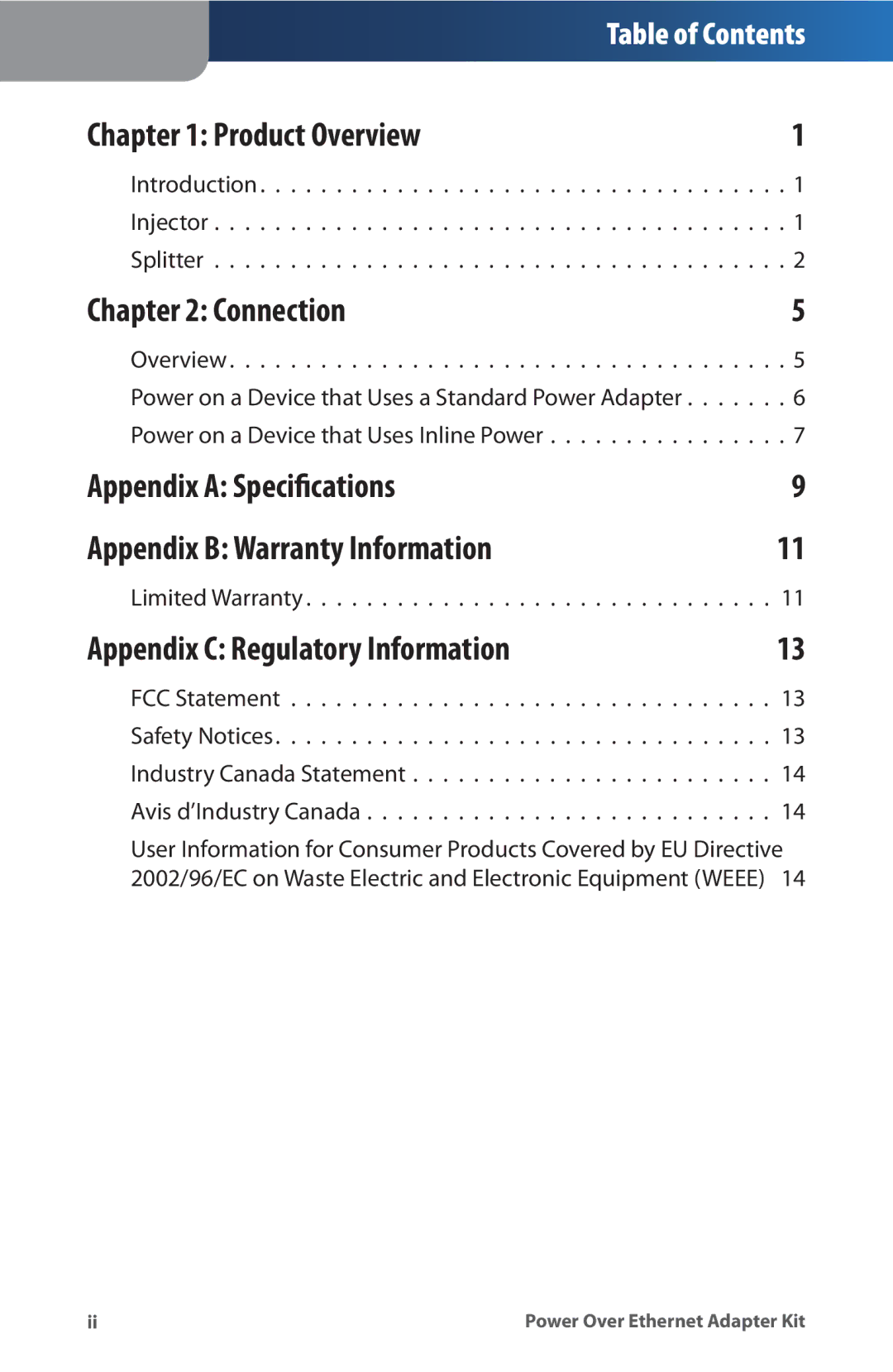 Linksys WAPPOE manual Product Overview, Connection, Appendix a Specifications Appendix B Warranty Information 