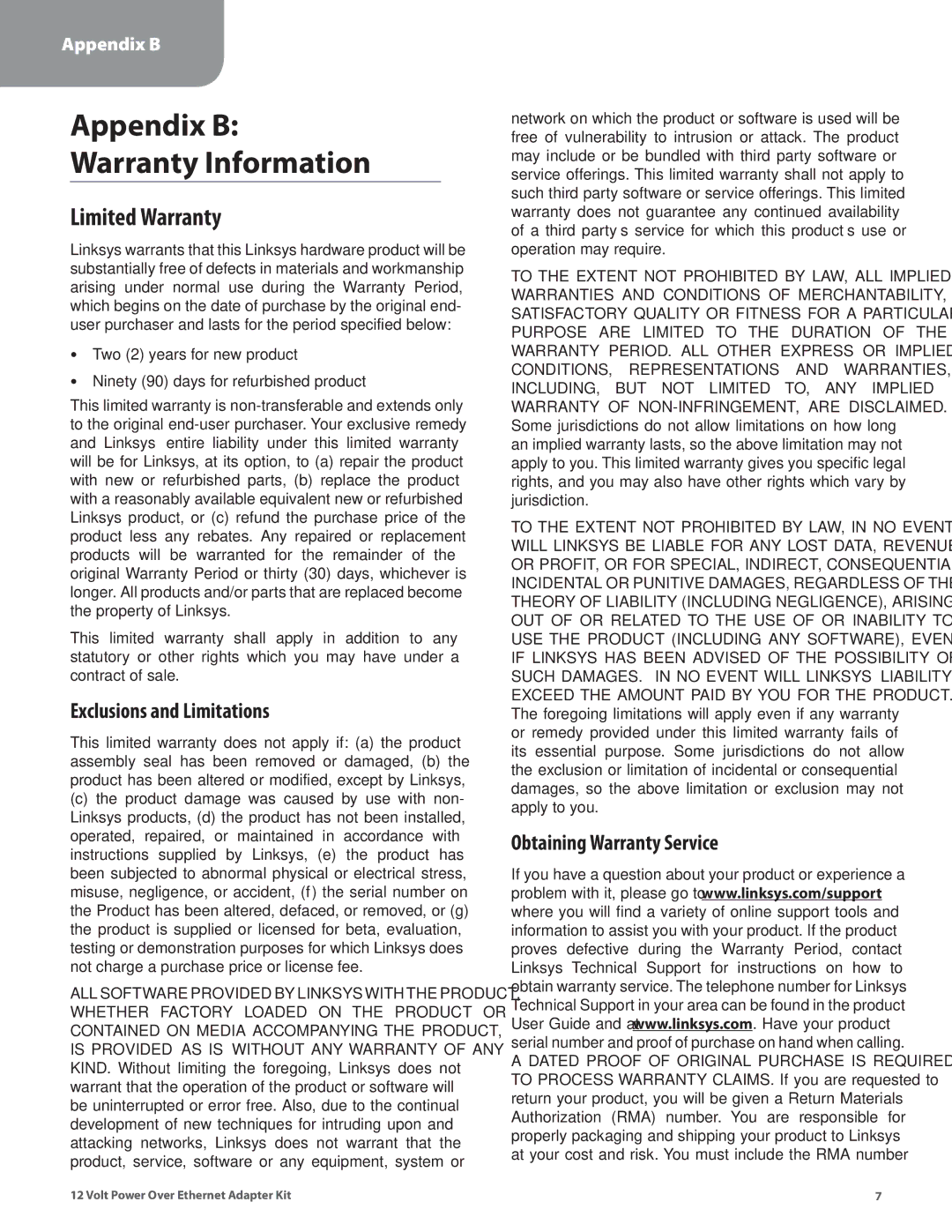 Linksys WAPPOE12 manual Limited Warranty, Exclusions and Limitations, Obtaining Warranty Service 