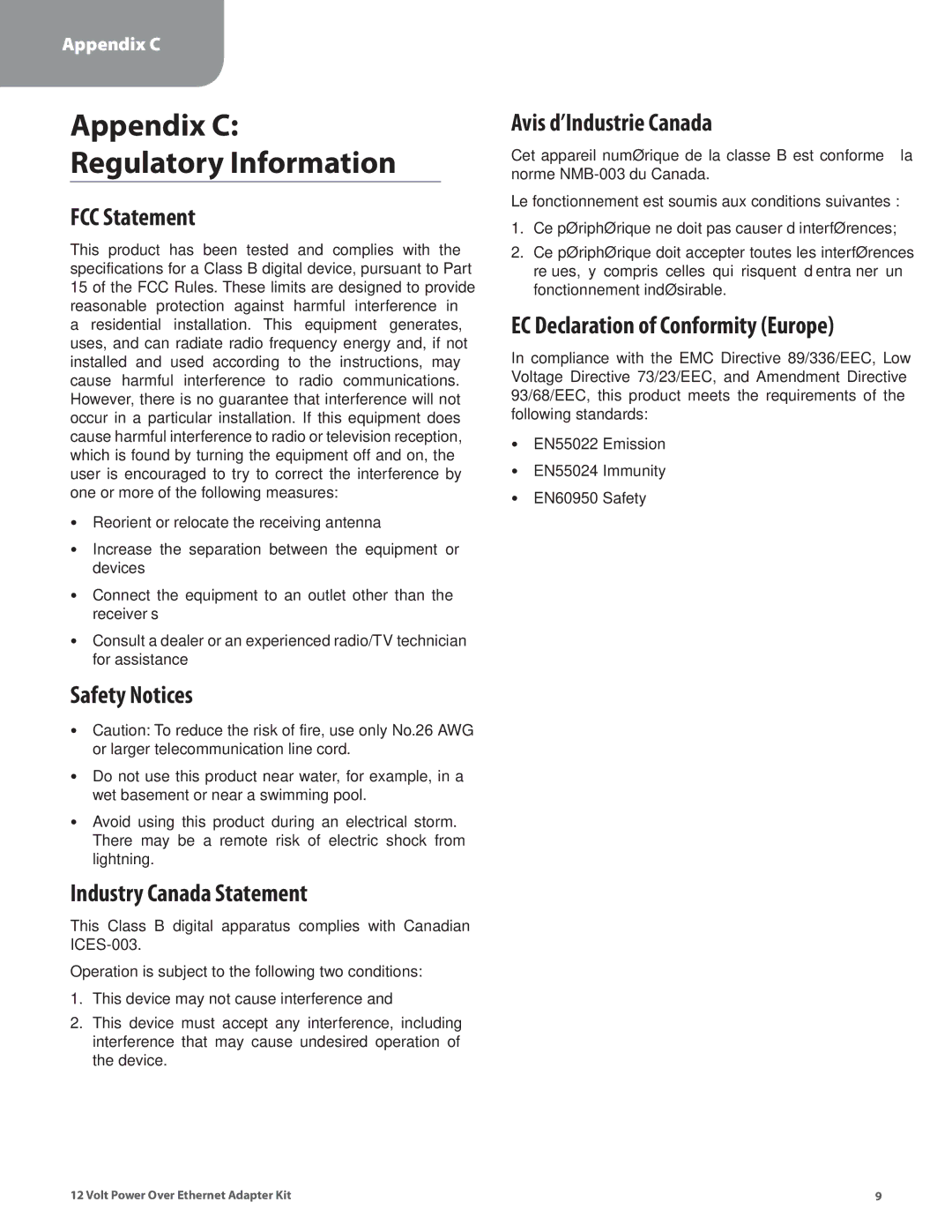 Linksys WAPPOE12 manual FCC Statement, Safety Notices, Industry Canada Statement, Avis d’Industrie Canada 