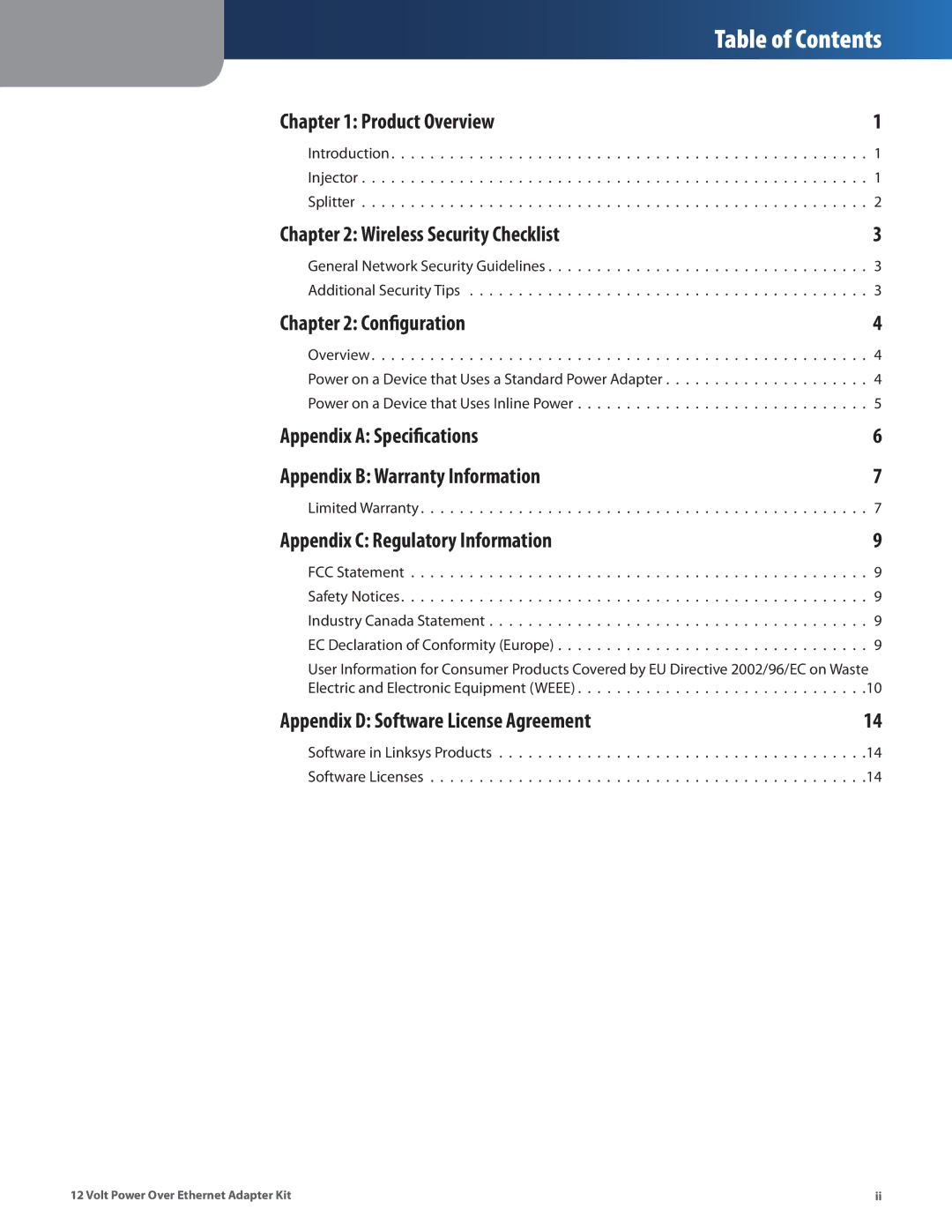 Linksys WAPPOE12 manual Table of Contents 