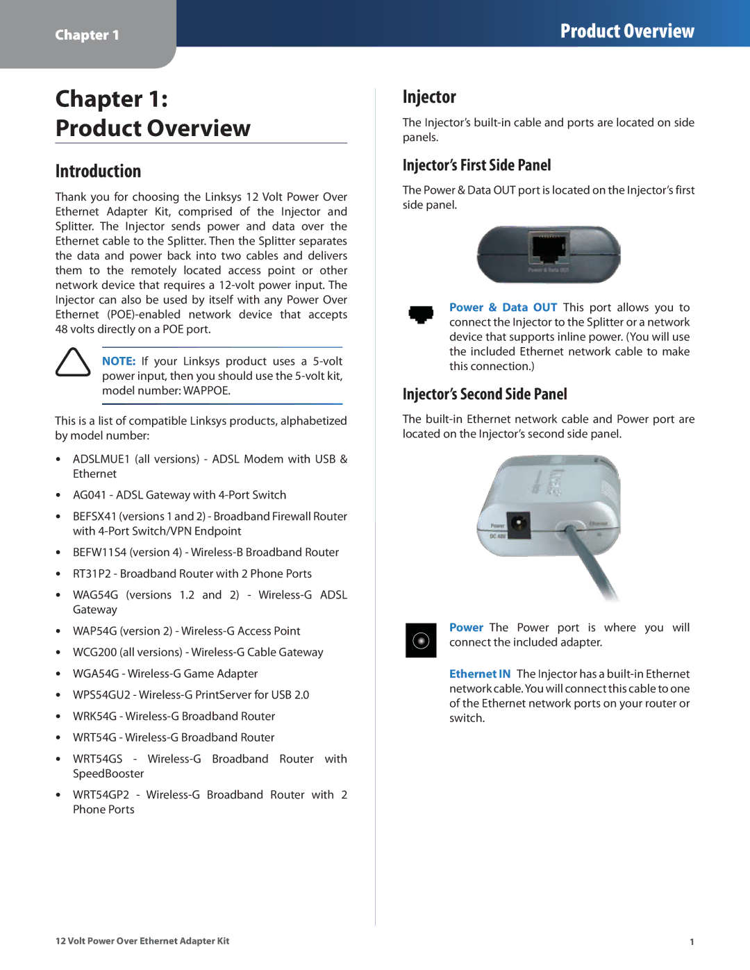 Linksys WAPPOE12 Chapter Product Overview, Introduction, Injector’s First Side Panel, Injector’s Second Side Panel 