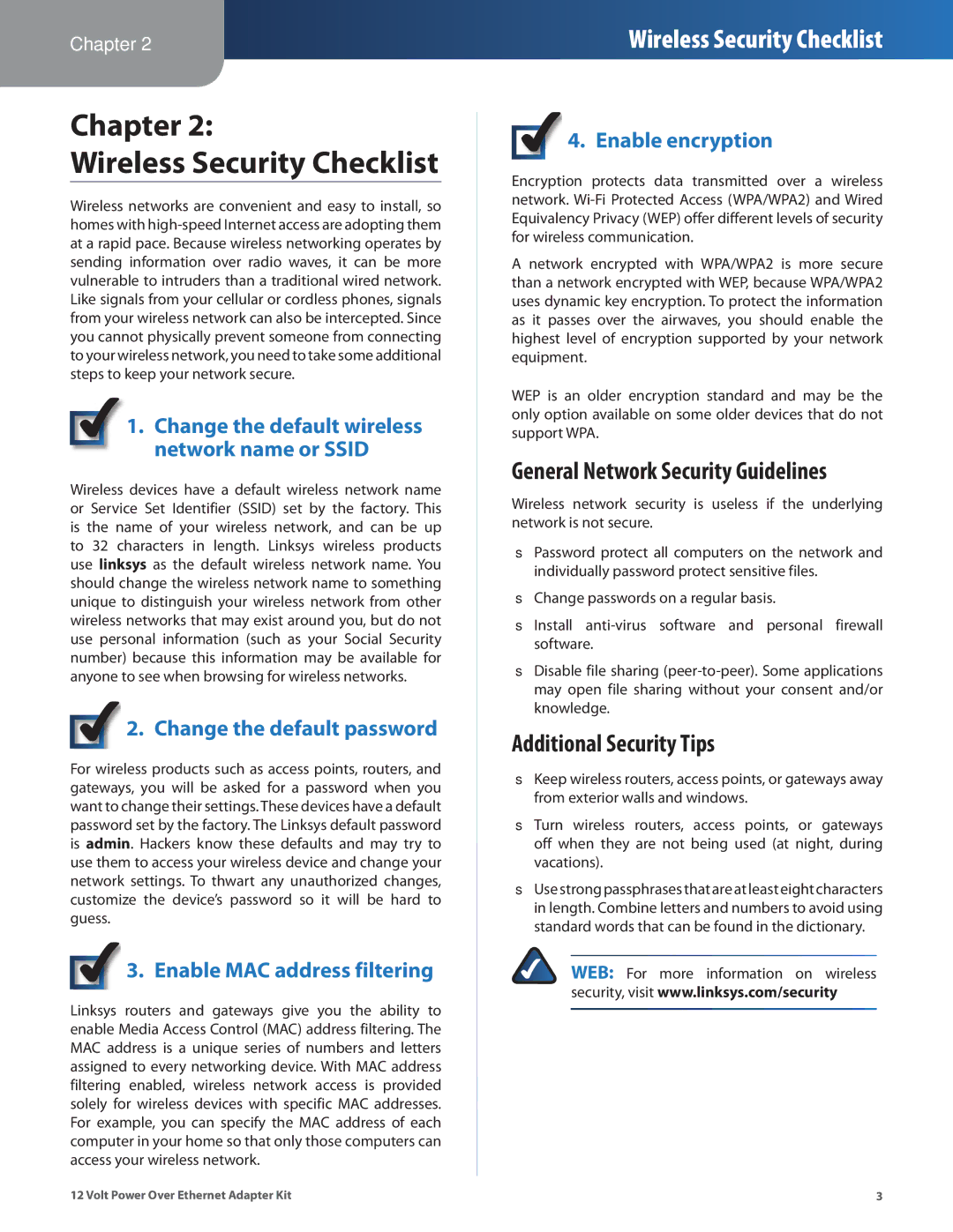 Linksys WAPPOE12 manual Chapter Wireless Security Checklist, General Network Security Guidelines, Additional Security Tips 