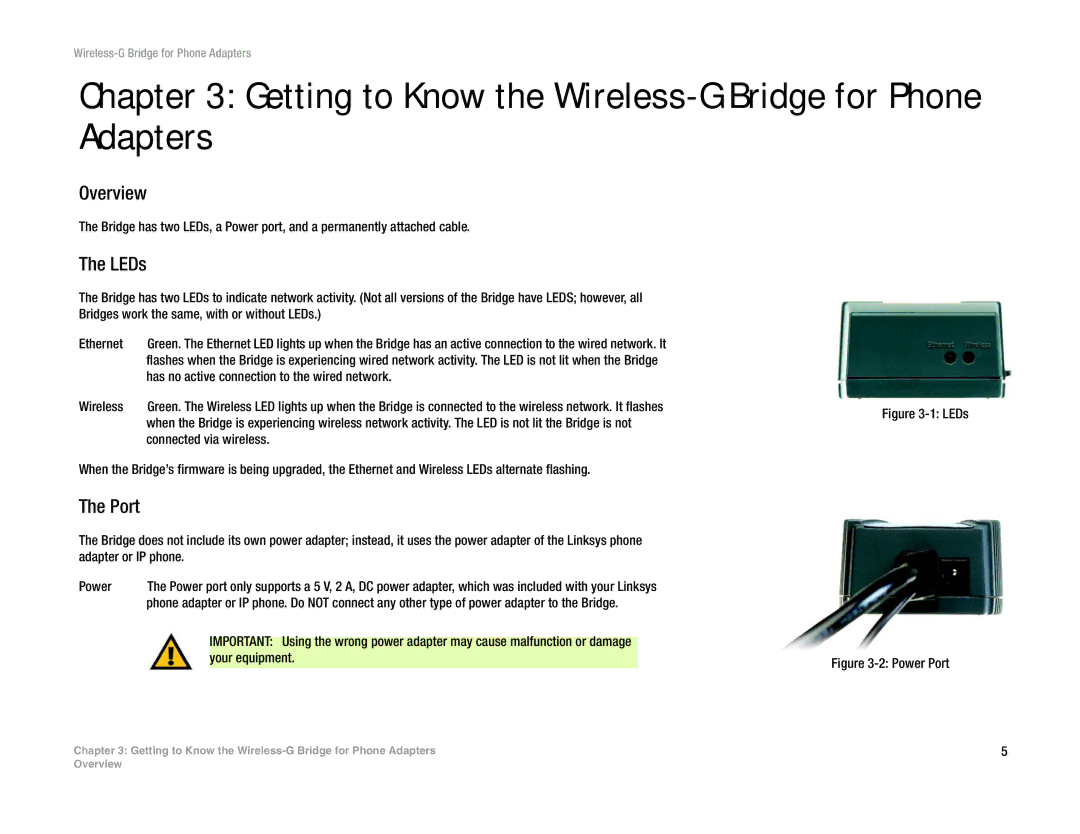 Linksys WBP54G V2 manual Getting to Know the Wireless-G Bridge for Phone Adapters, Overview, LEDs, Port 