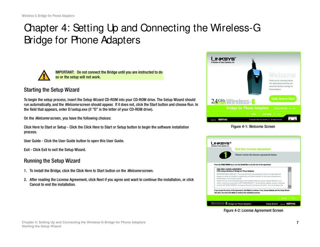 Linksys WBP54G V2 manual Starting the Setup Wizard, Running the Setup Wizard 