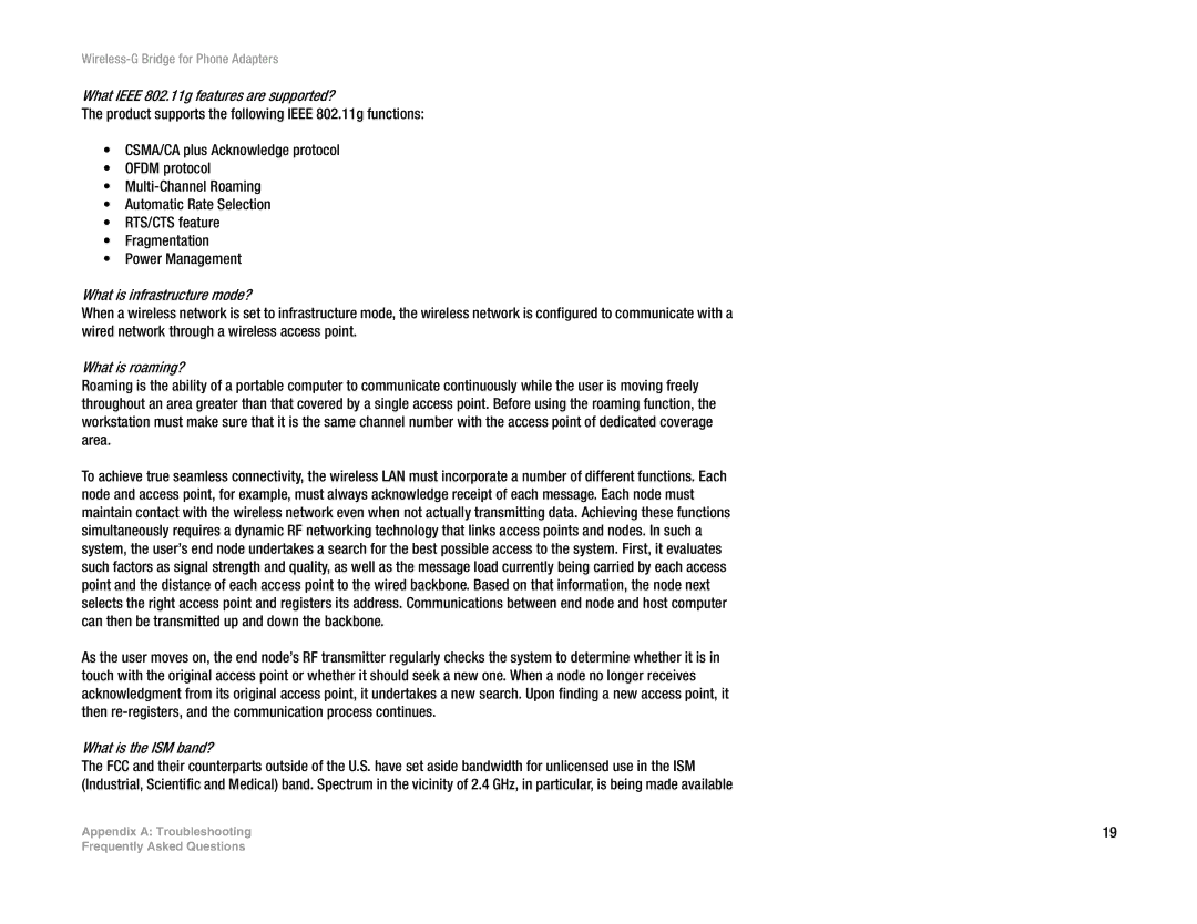 Linksys WBP54G V2 manual What Ieee 802.11g features are supported?, What is infrastructure mode?, What is roaming? 