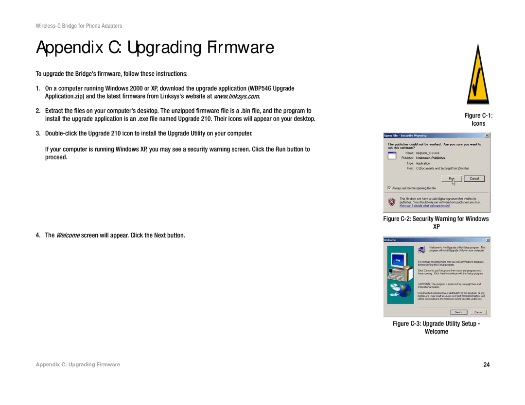 Linksys WBP54G V2 manual Appendix C Upgrading Firmware, To upgrade the Bridge’s firmware, follow these instructions 