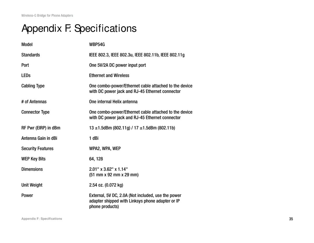 Linksys WBP54G V2 manual Appendix F Specifications 