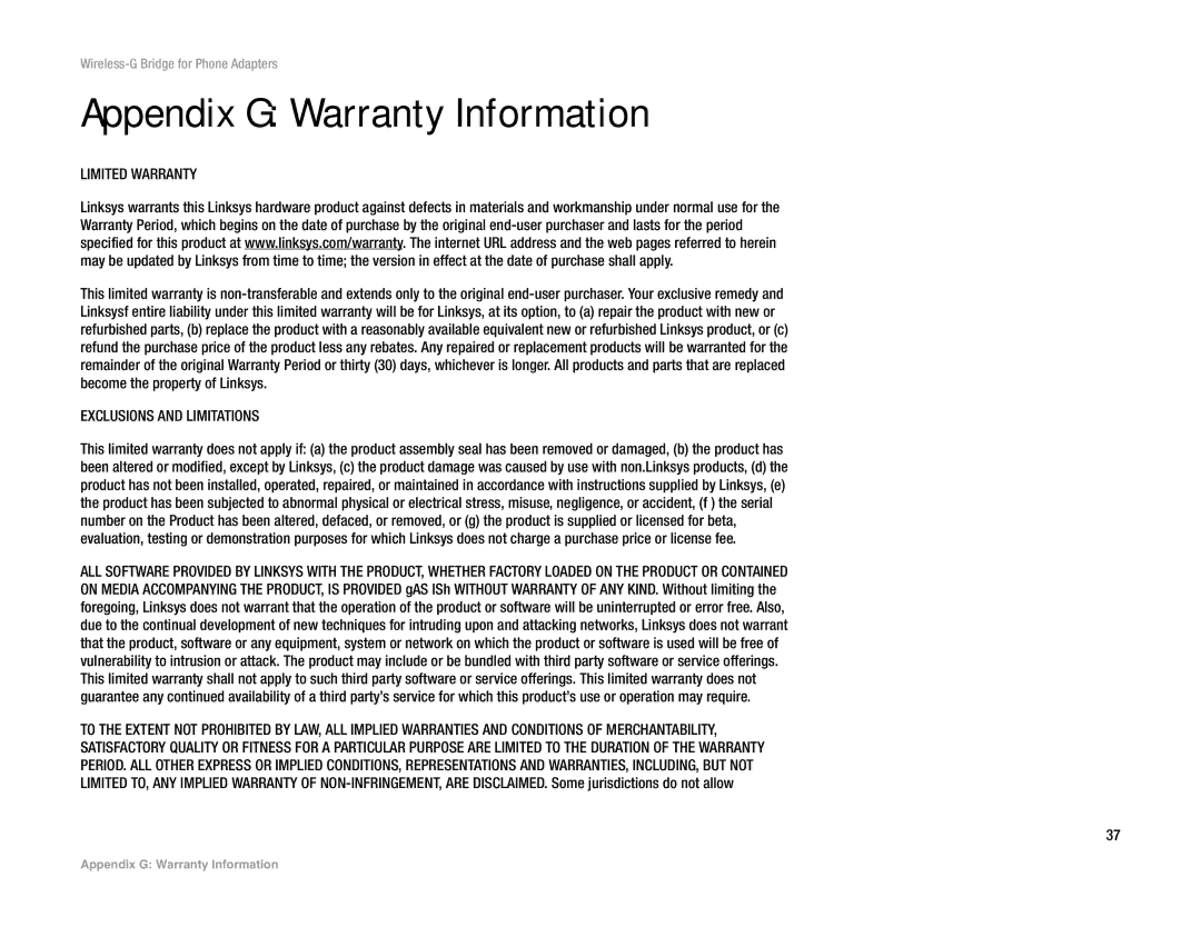 Linksys WBP54G V2 manual Appendix G Warranty Information, Limited Warranty 