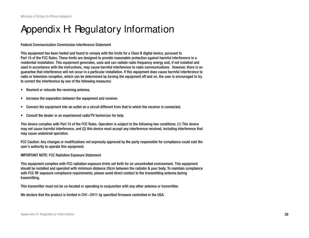 Linksys WBP54G V2 manual Appendix H Regulatory Information 