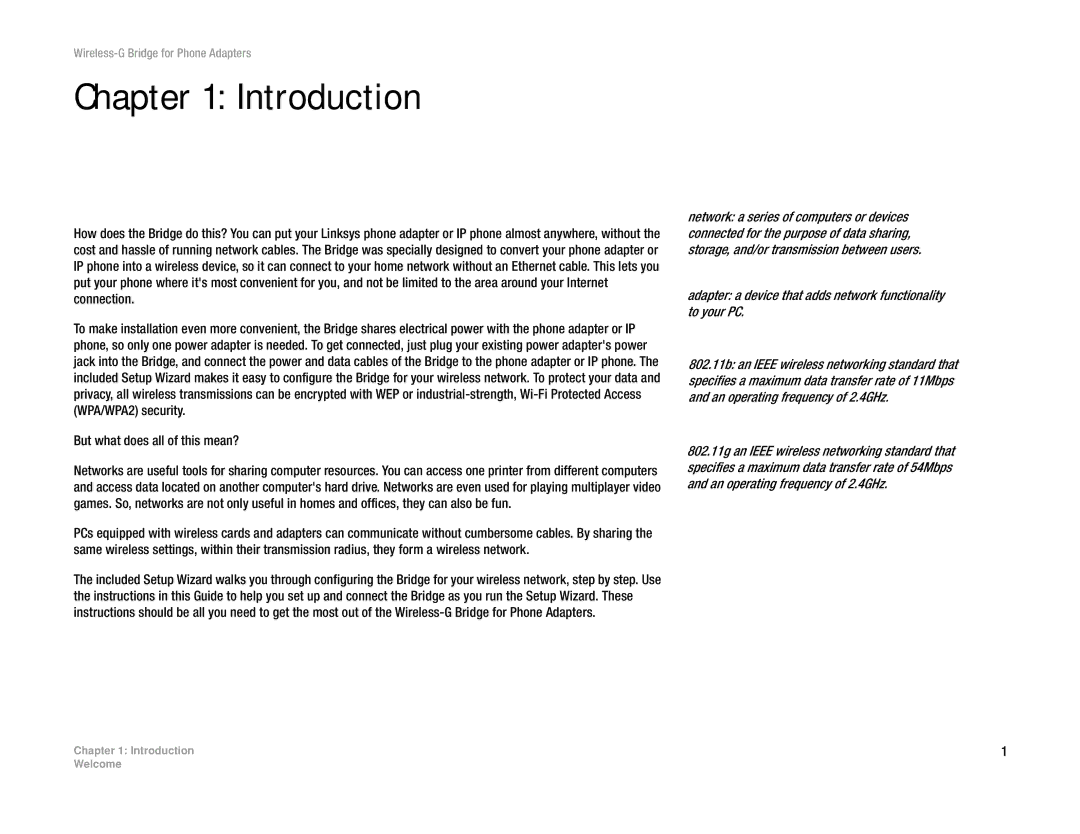 Linksys WBP54G V2 manual Introduction, Adapter a device that adds network functionality to your PC 