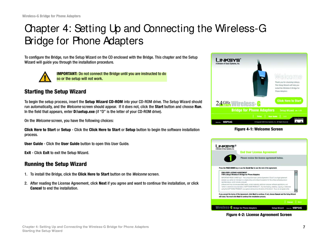 Linksys WBP54G manual Starting the Setup Wizard, Running the Setup Wizard 