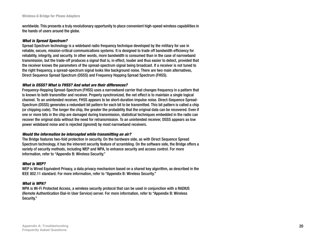 Linksys WBP54G manual What is Spread Spectrum?, What is DSSS? What is FHSS? And what are their differences?, What is WEP? 