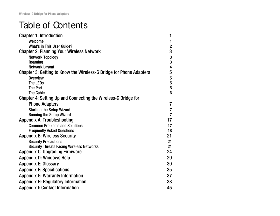 Linksys WBP54G manual Table of Contents 