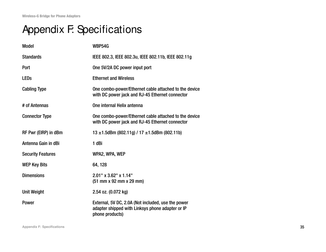 Linksys WBP54G manual Appendix F Specifications 