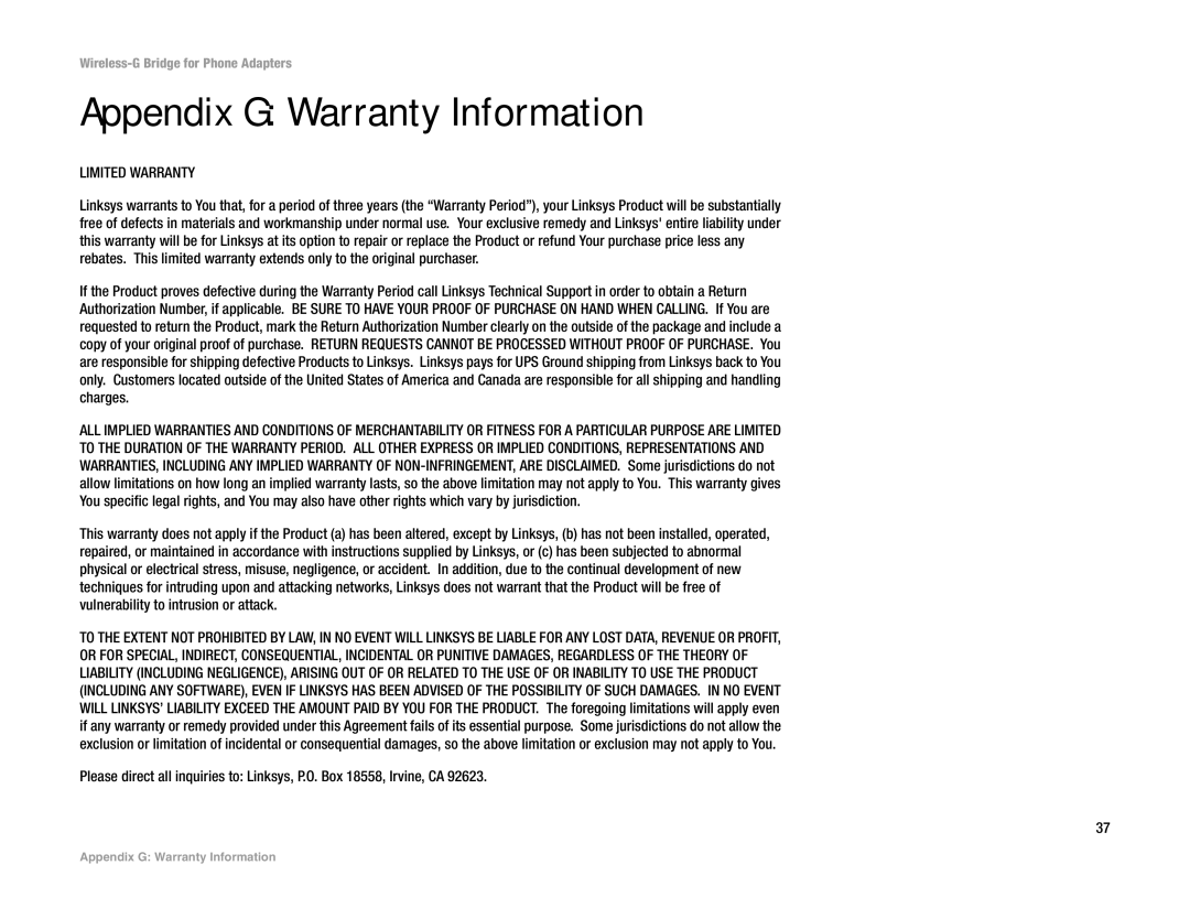 Linksys WBP54G manual Appendix G Warranty Information, Limited Warranty 