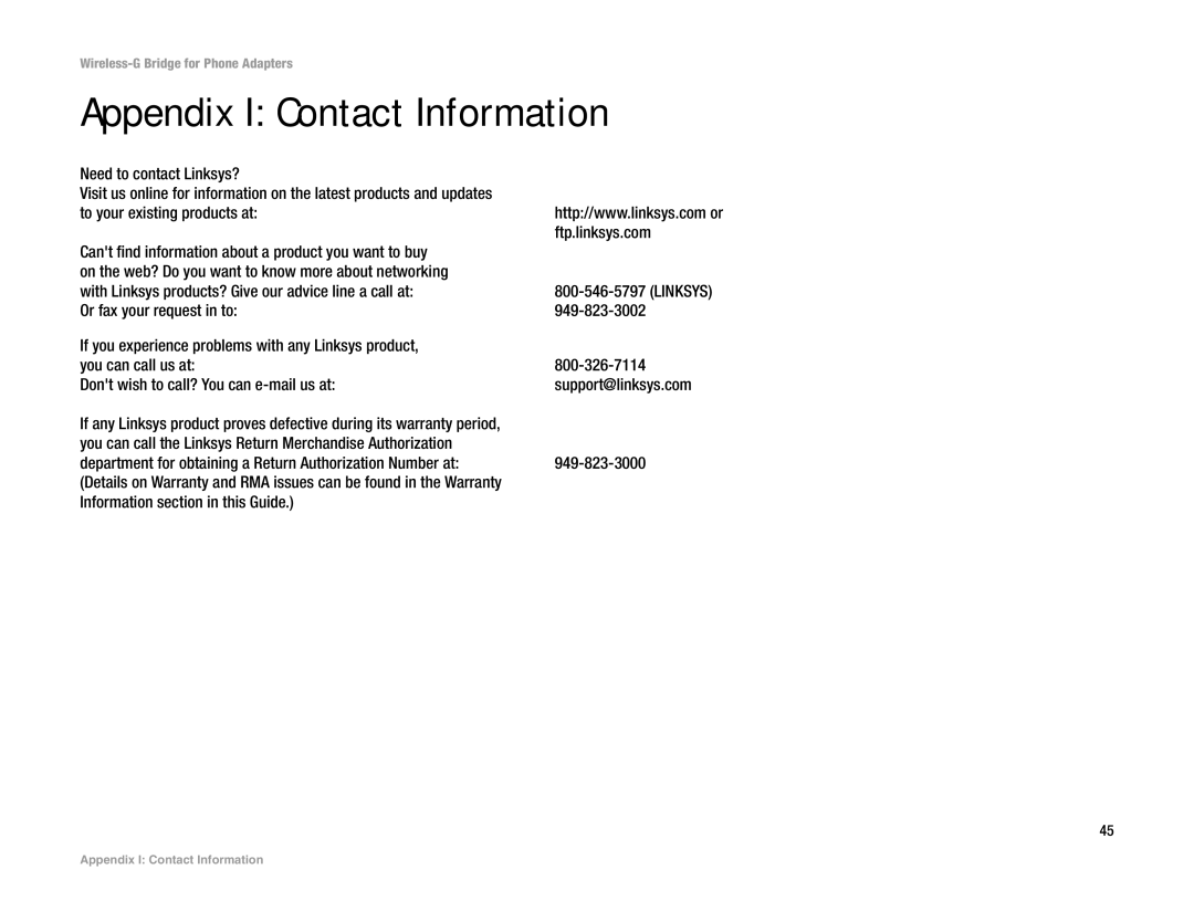 Linksys WBP54G manual Appendix I Contact Information 