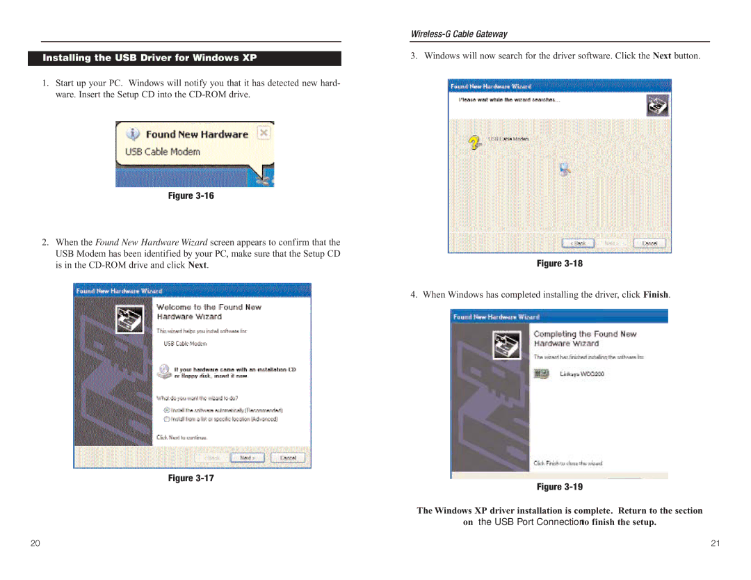 Linksys WCG200 manual Installing the USB Driver for Windows XP 