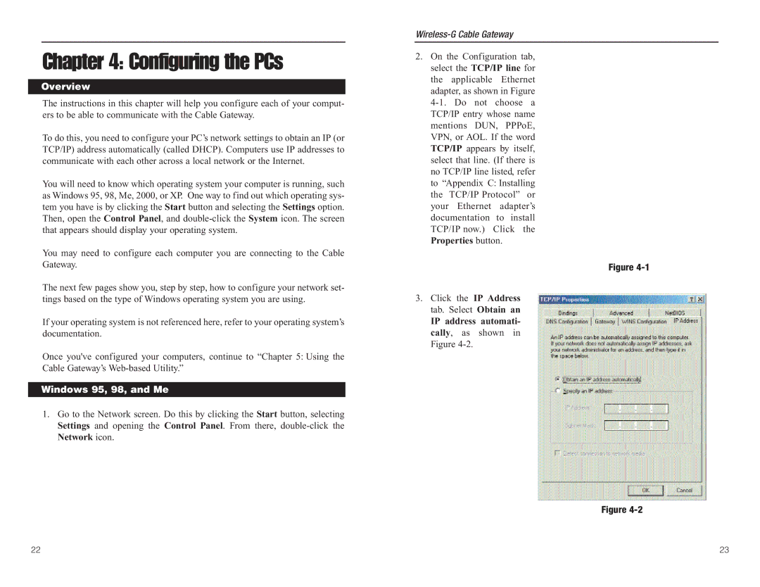 Linksys WCG200 manual Configuring the PCs, Windows 95, 98, and Me 