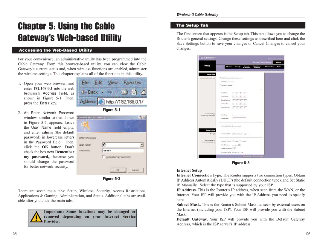 Linksys WCG200 manual Accessing the Web-Based Utility, Setup Tab, Internet Setup 