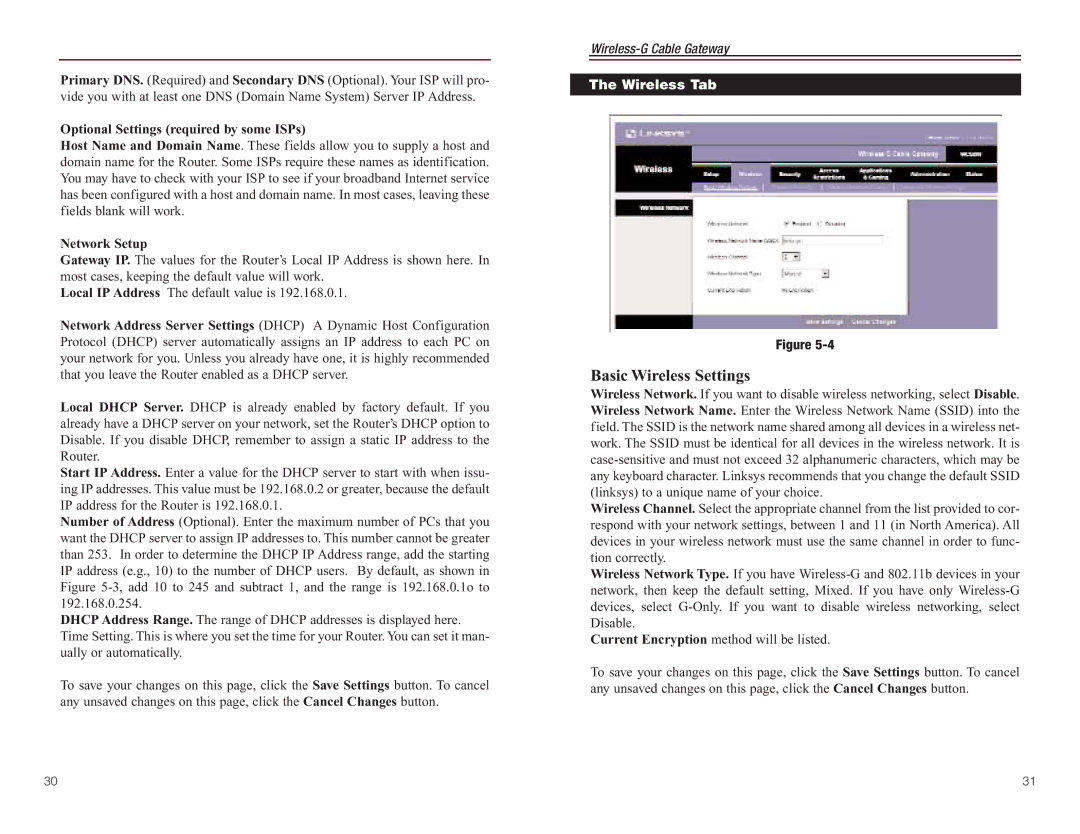 Linksys WCG200 manual Basic Wireless Settings, Optional Settings required by some ISPs, Network Setup, Wireless Tab 