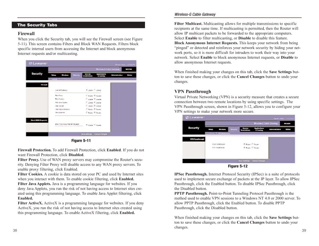 Linksys WCG200 manual Firewall, VPN Passthrough, Security Tabs, Enabled 