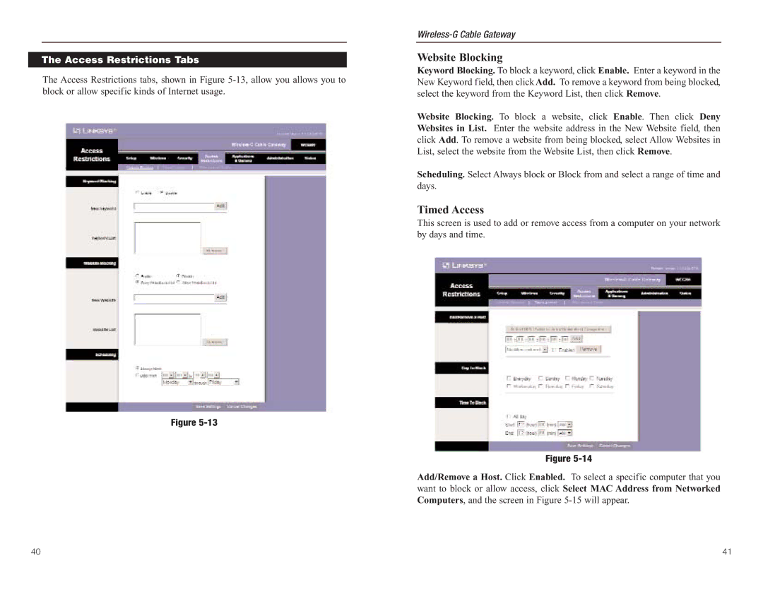 Linksys WCG200 manual Website Blocking, Timed Access, Access Restrictions Tabs 