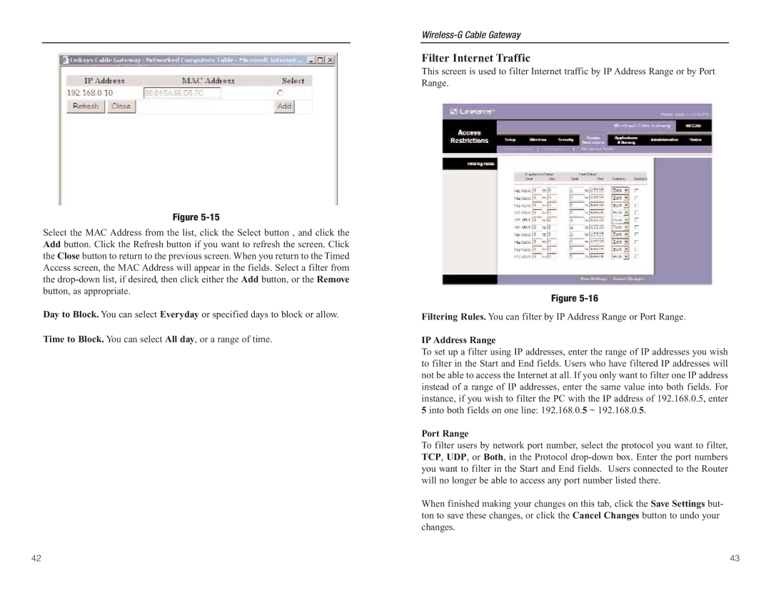Linksys WCG200 manual Filter Internet Traffic, IP Address Range, Port Range 